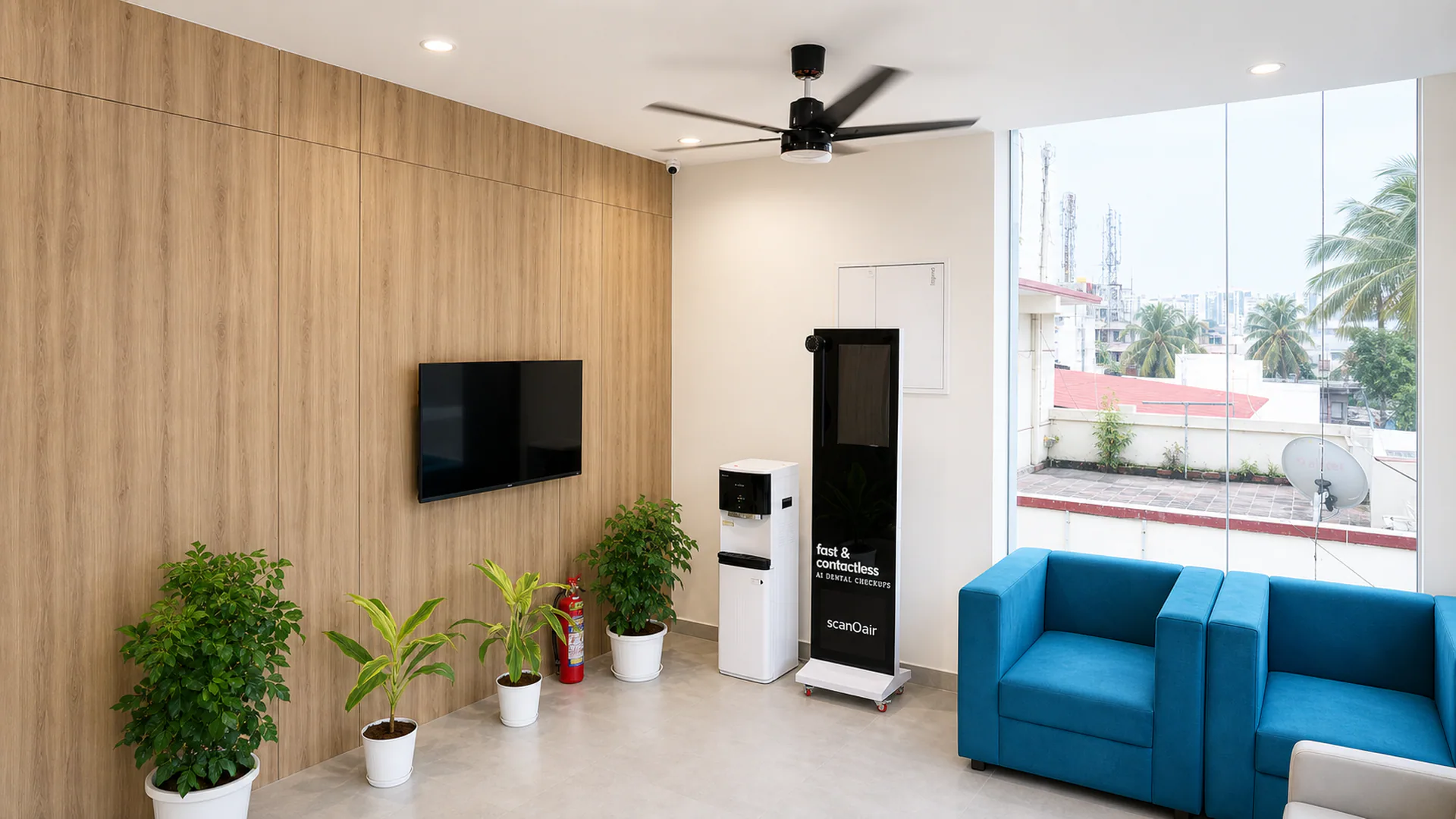Waiting lounge with a wall-mounted screen, indoor plants and blue seating beside full-height glazing.