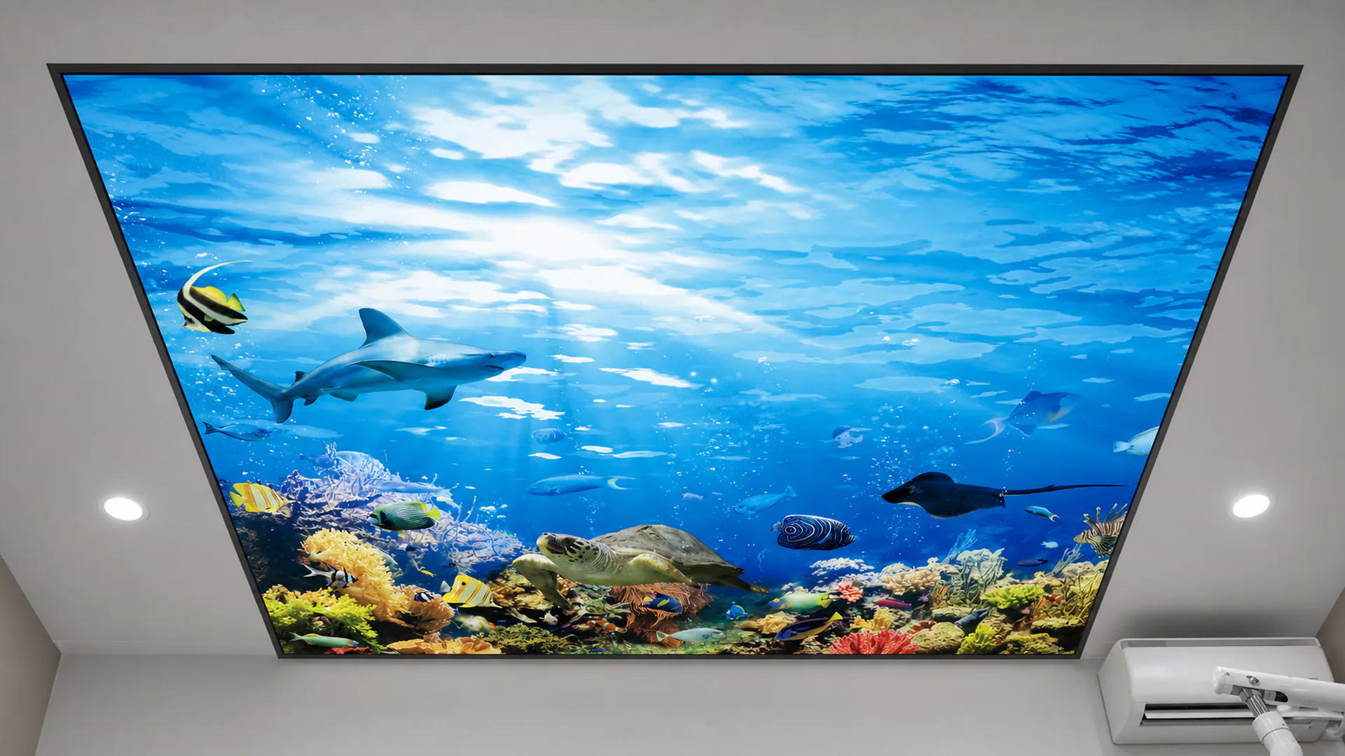Close view of an illuminated ocean-themed ceiling panel above a dental treatment room.