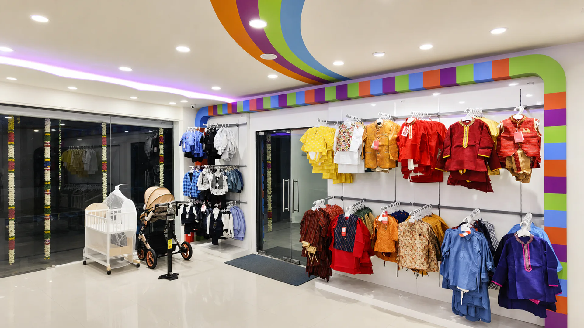 Children's clothing display beside the customer entrance, framed by multicoloured ceiling and wall bands.