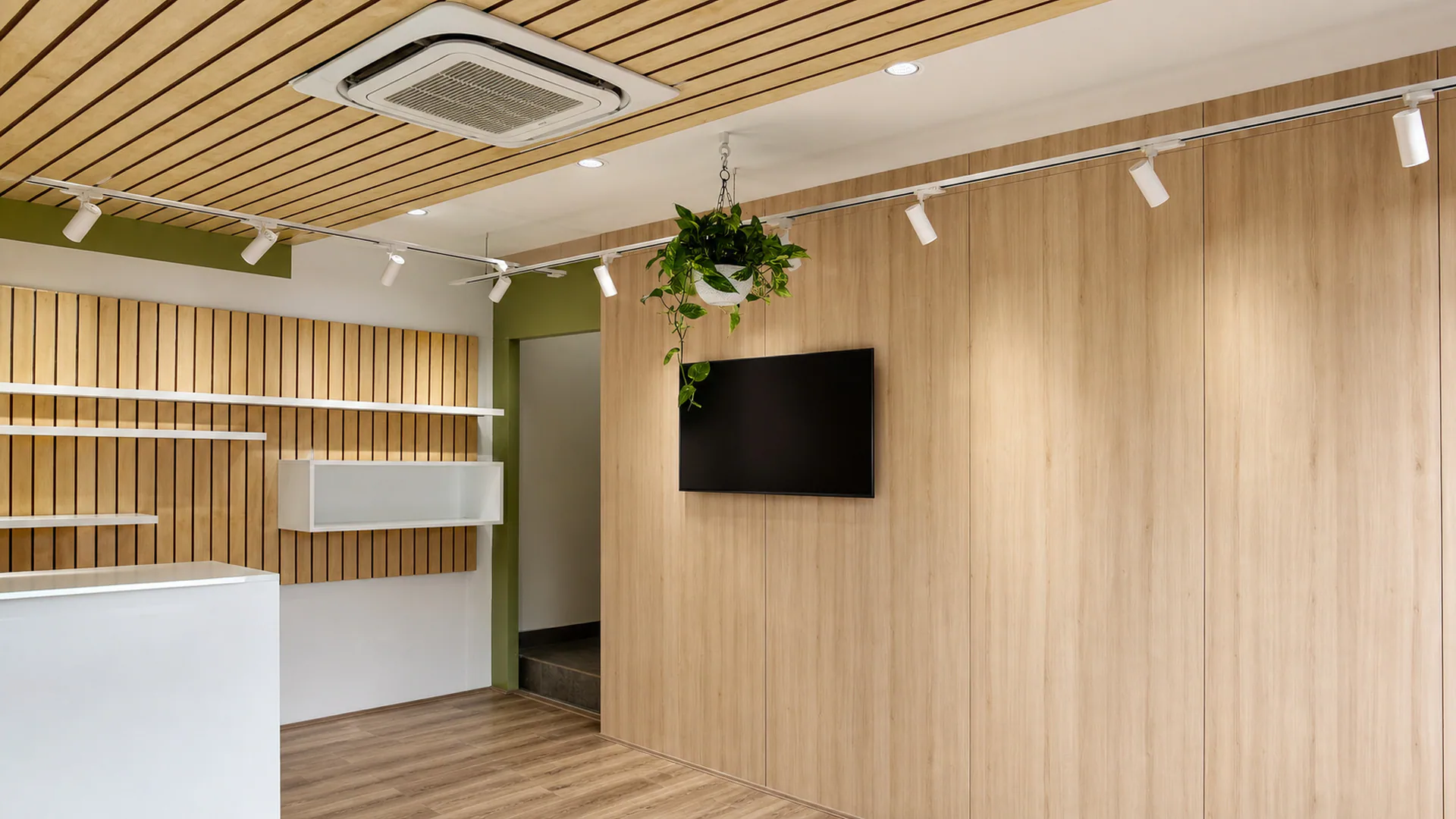 Interior wall with television, display ledges and slatted ceiling above.