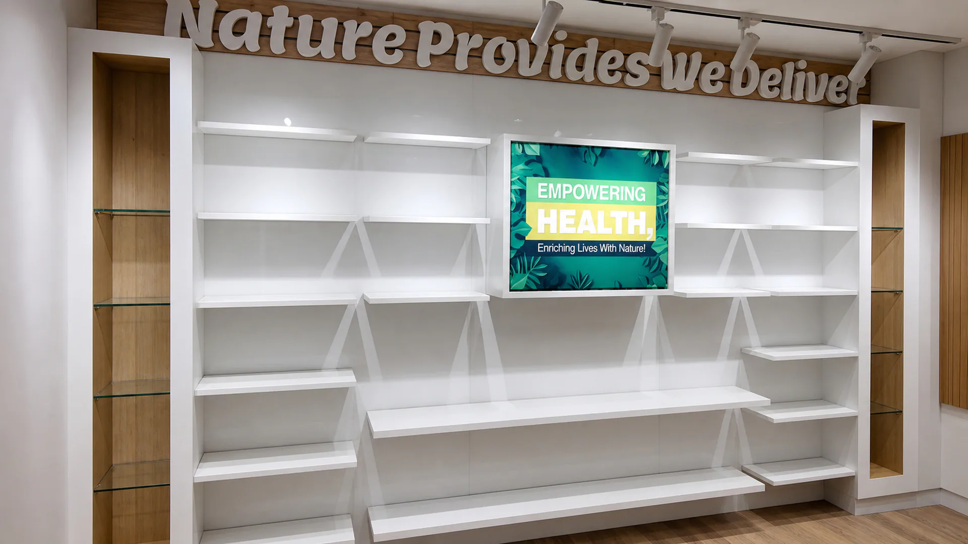 White retail shelving beneath raised lettering on the wall.
