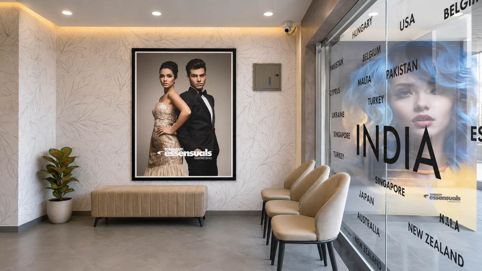 Toni & Guy waiting area with a long bench and three chairs.