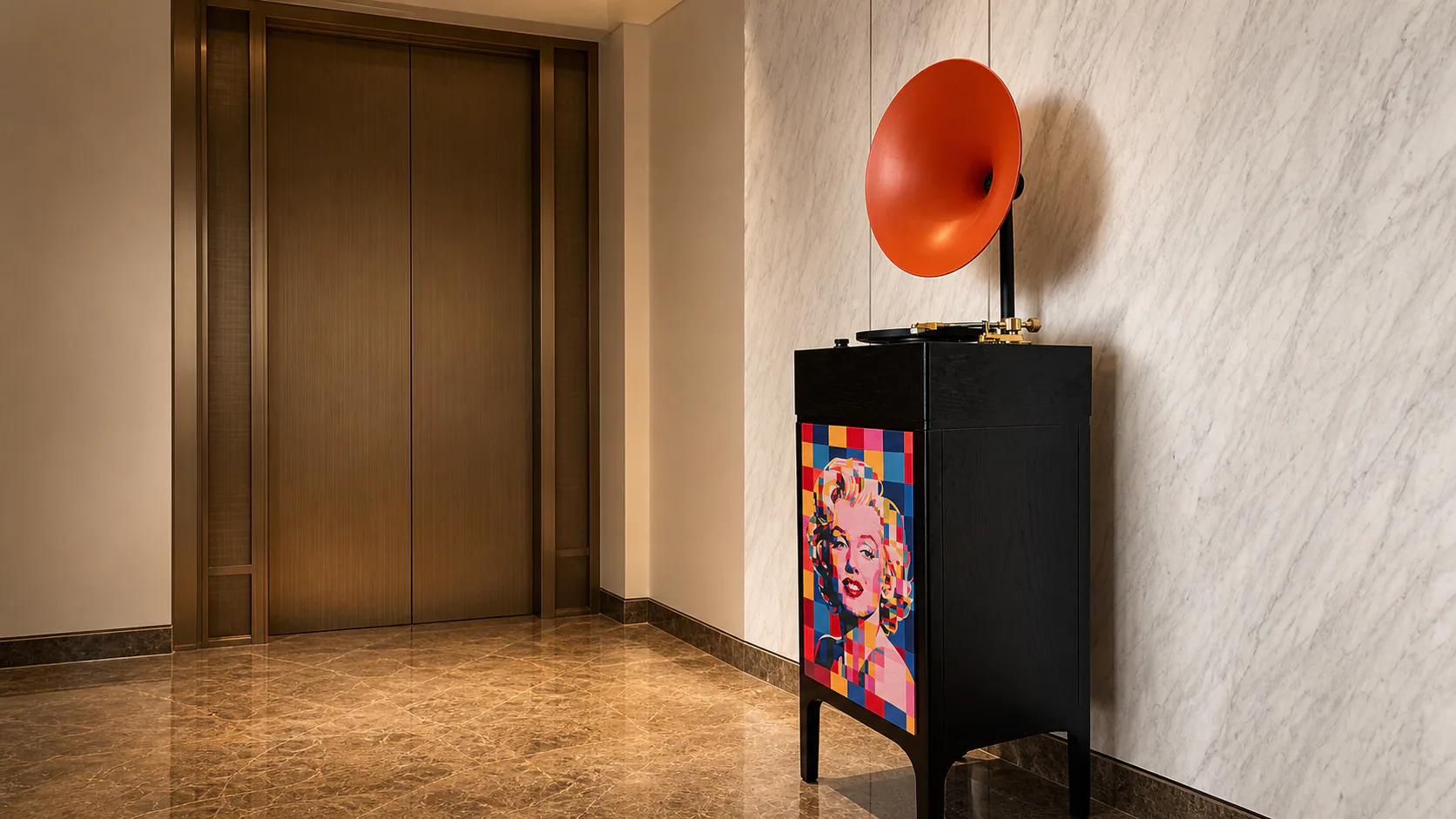Lift lobby niche with a red gramophone and colourful cabinet.