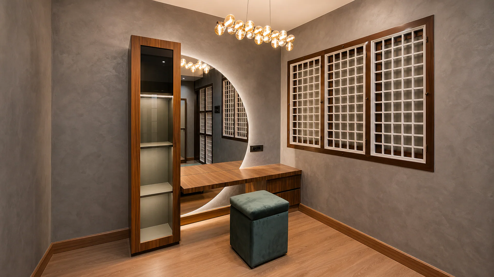 Dressing area with a tall mirror, suspended drawer, stool and gridded windows.