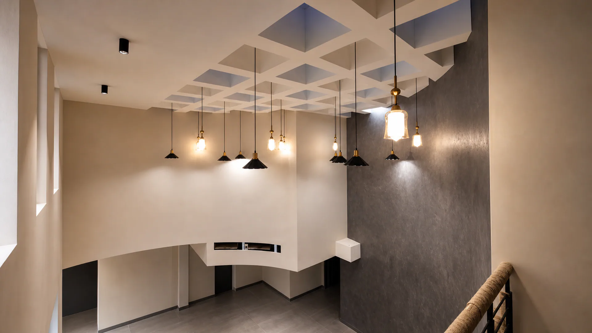 Upper stair landing with a geometric ceiling grid and suspended lights.