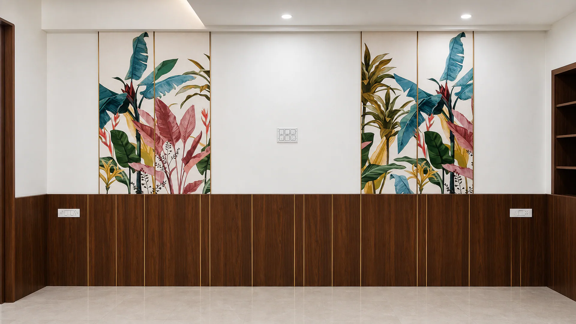 Built-in wall with three botanical panels above a timber-finished base.