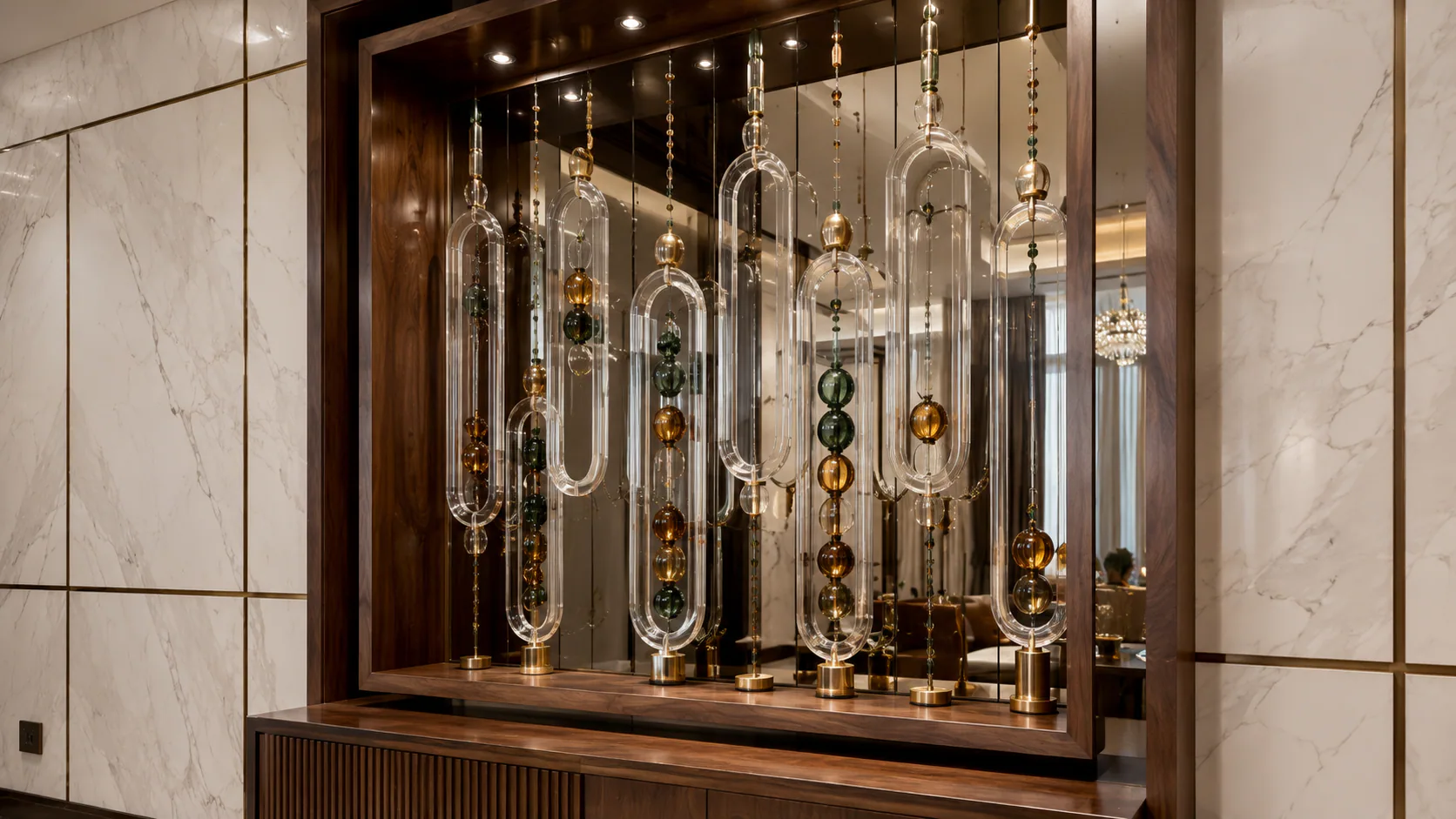 Angled view of the illuminated decorative partition beside the living area.