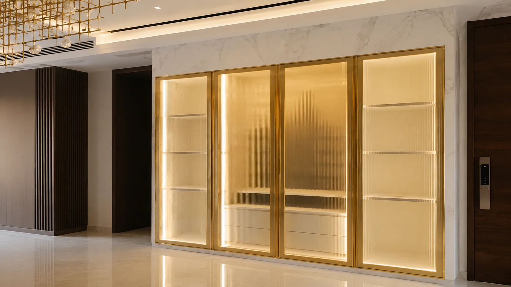 Large illuminated built-in display cabinet with open shelving.