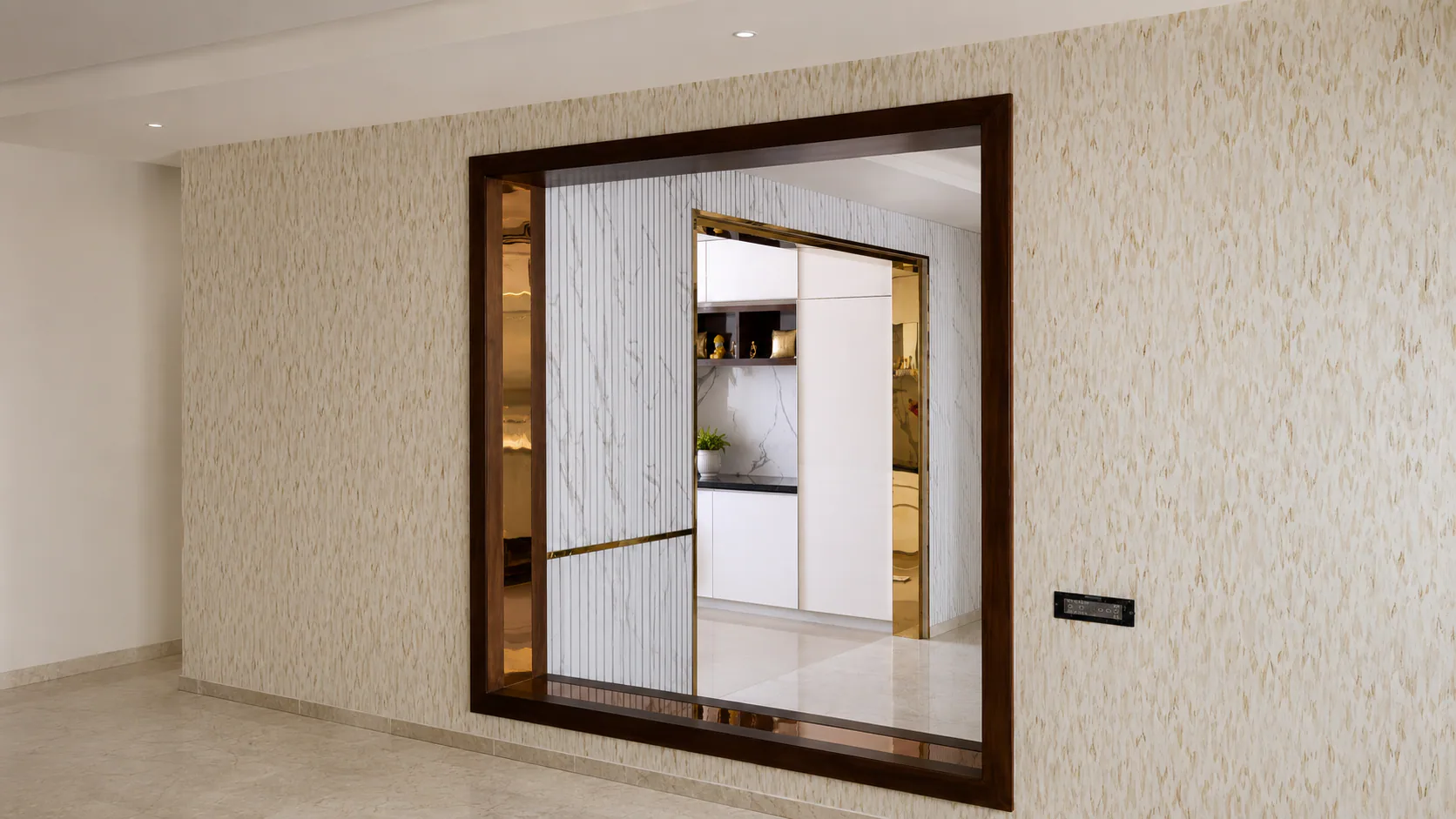 Wide framed wall opening beside the residence corridor.